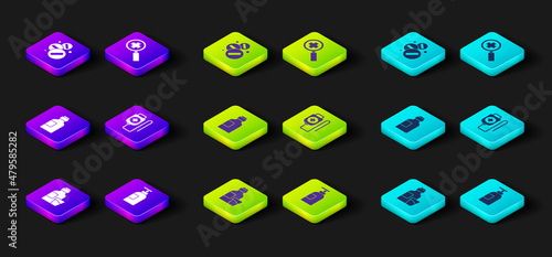 Set Bottle of medicine syrup, Hand sanitizer bottle, IV bag, Magnifying glass for search medical and Medicine pill tablet icon. Vector