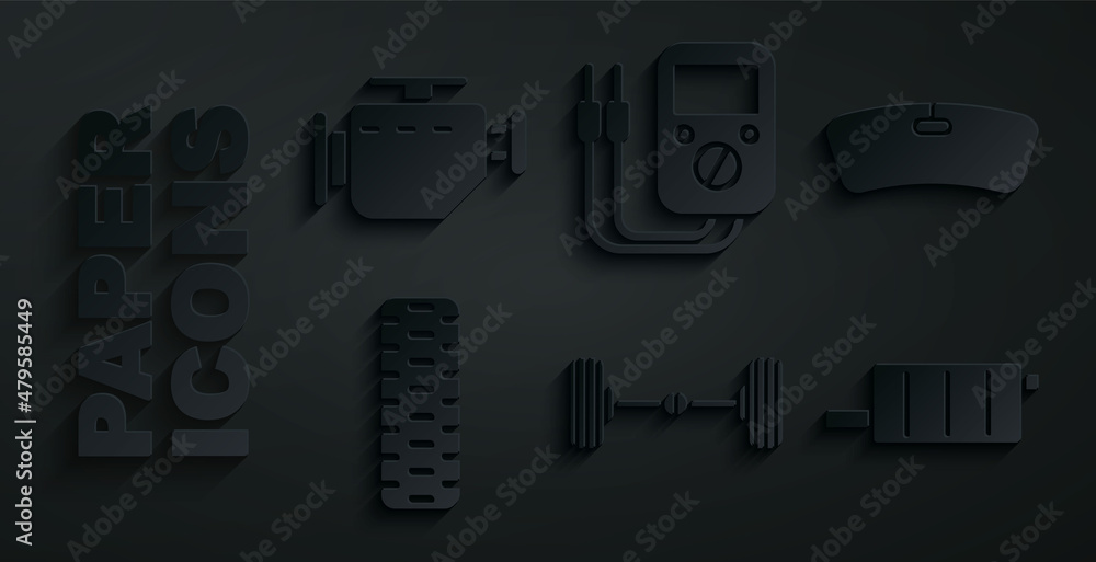 Set Chassis car, Windshield, Car tire wheel, muffler, Multimeter and Check engine icon. Vector Set Chassis car, Windshield, Car tire wheel, muffler, Multimeter and Check engine icon. Vector