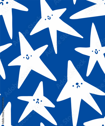 cute vector star background. Many big stars on a blue background are smiling. Funny faces. Handdraw graphics. Can be used as a postcard, banner, web design, background for wrapping paper, identity.