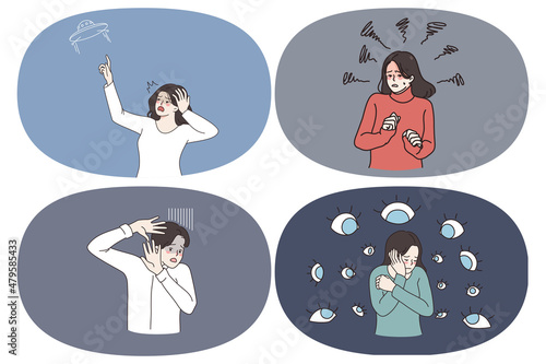 Fear panic shock and pressure concept. Set of young people touching head seeing ufo feeling frustrated and under public opinion pressure vector illustration 