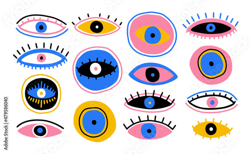 Evil Seeing eye symbol set. Occult mystic emblem, graphic design tattoo. Esoteric sign alchemy, decorative style, providence sight.