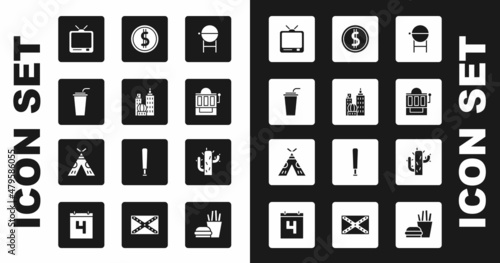 Set Barbecue grill, City landscape, Paper glass with straw, Retro tv, Slot machine, Coin money dollar, Cactus and Indian teepee or wigwam icon. Vector