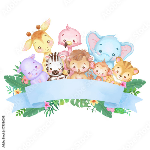 Cute animals with blank blue ribbon banner. Watercolor and vector illustration. 