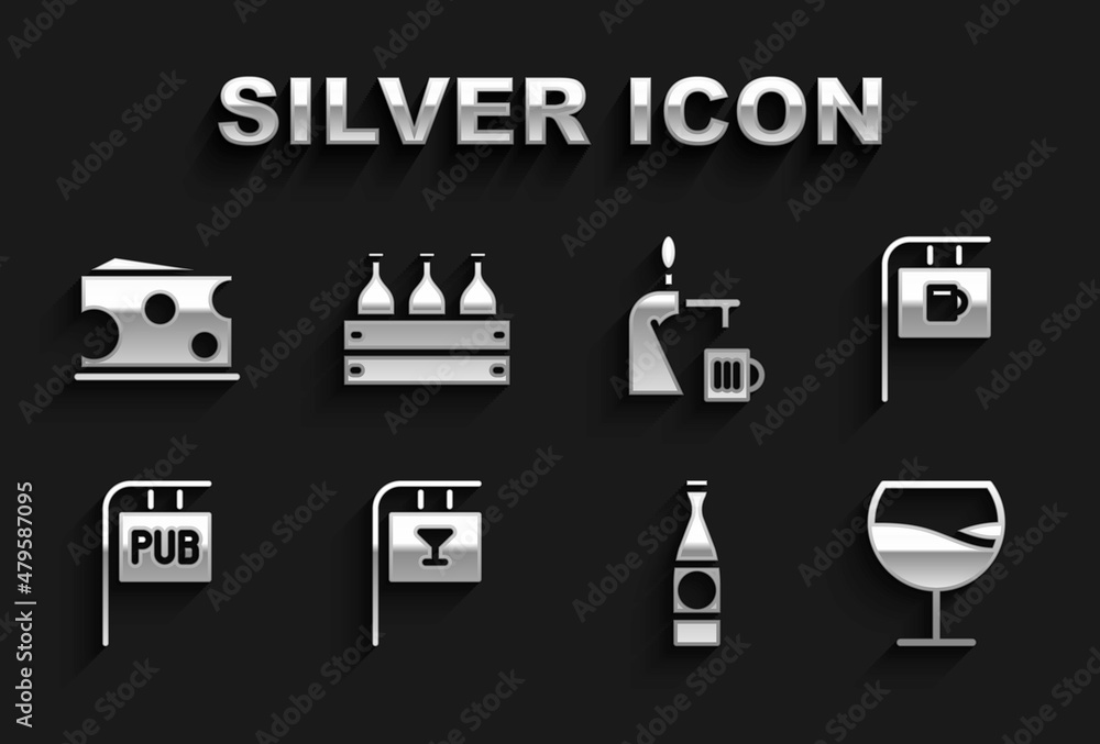 Set Street signboard with Bar, Wine glass, Beer bottle, Pub, tap, Cheese and Bottles of wine wooden box icon. Vector Set Street signboard with Bar, Wine glass, Beer bottle, Pub, tap, Cheese and Bottles of wine wooden box icon. Vector