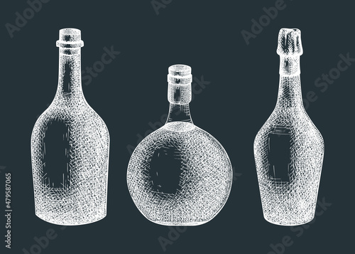 Hand-sketched  glass bottles illustration set. Vector sketch of alcoholic drink in a glassware. Alcohol beverage bottle hand-drawing on chalkboard