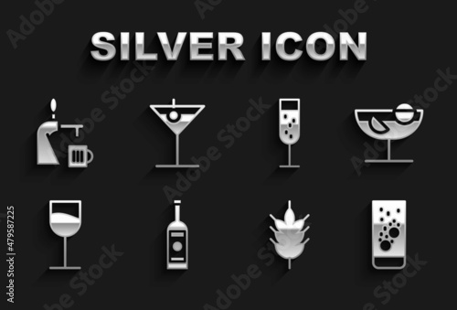 Set Glass bottle of vodka, Cocktail, Effervescent tablets in water, Hop, Wine glass, champagne, Beer tap with and Martini icon. Vector