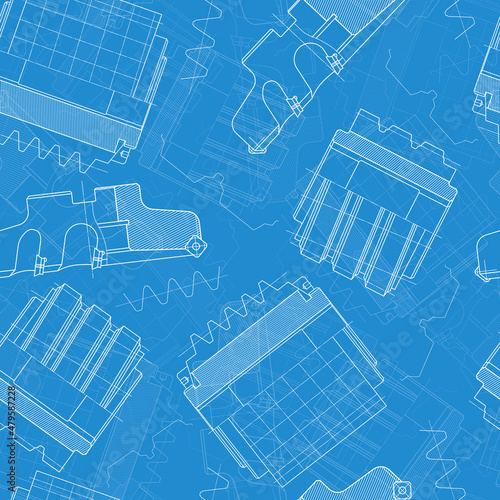 Mechanical engineering drawings on blue background. Cutting tools, milling cutter. Technical Design. Cover. Blueprint. Seamless pattern. Vector illustration.