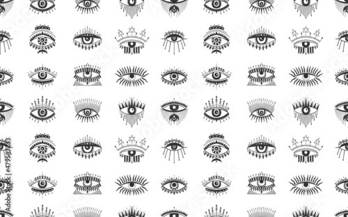 Evil Seeing eye symbol seamless pattern. Occult mystic emblem, graphic design tattoo. Esoteric sign alchemy, decorative style, providence sight.