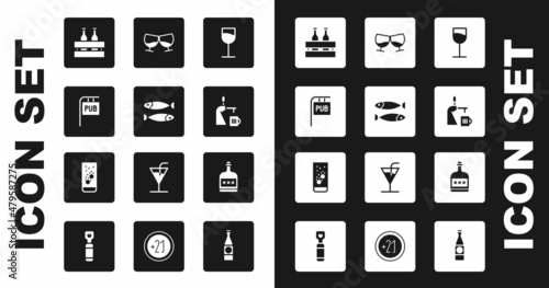 Set Wine glass, Dried fish, Street signboard with Pub, Pack of beer bottles, Beer tap, Glass cognac or brandy, Alcohol drink Rum and Effervescent tablets water icon. Vector