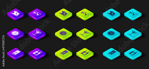 Set Effervescent tablets in water, Bottles of wine, Alcohol 18 plus, Martini glass, Glass cognac or brandy and Cheese icon. Vector