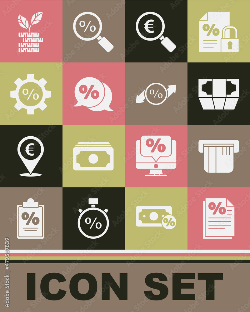 Set Finance document, Credit card, Stacks paper money cash, Magnifying glass and euro, Discount percent tag, Gear with, Dollar plant and icon. Vector