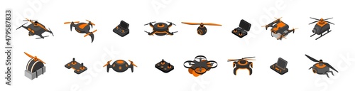 Isometric drones. Cartoon 3D aerial vehicle, isolated unmanned aviation copters, delivery fire police and user drones. Vector set