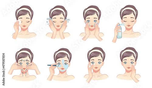 Face skin care. Cartoon young woman washing and cleaning her face with water and lotions. Vector Beaty procedures