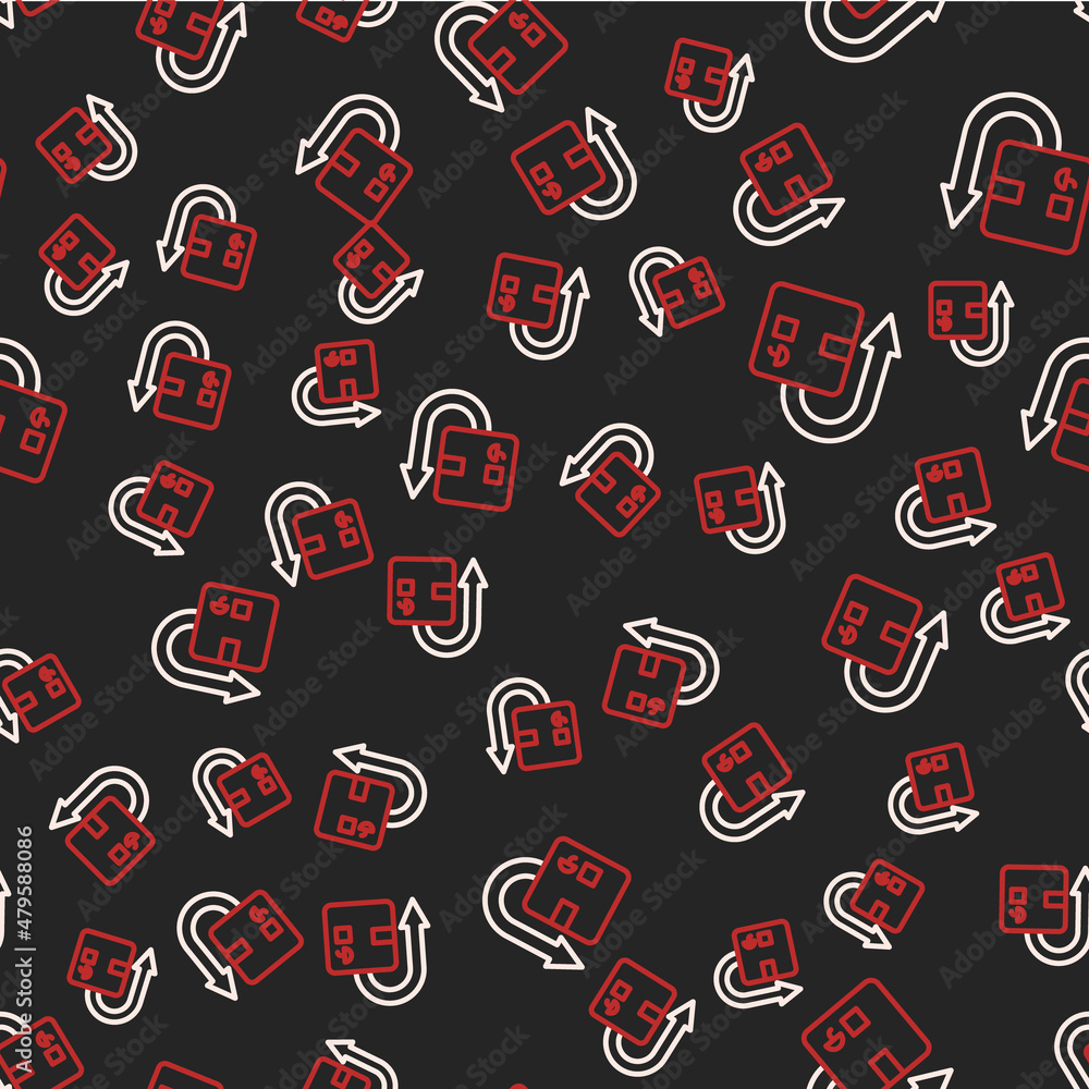 Line Return cardboard box icon isolated seamless pattern on black background. Box, package, parcel sign. Delivery and packaging. Vector Line Return cardboard box icon isolated seamless pattern on black background. Box, package, parcel sign. Delivery and packaging. Vector