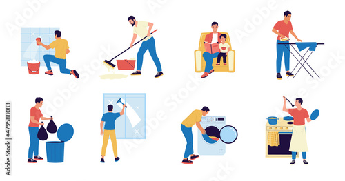 Dad housekeeper. Cartoon father character doing household work - cook, wash dishes, laundry, ironing, sitting with baby. Vector house chores set