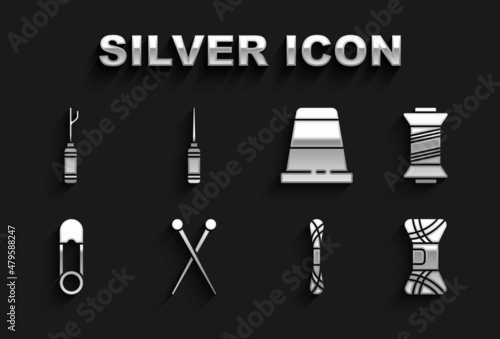 Set Knitting needles, Sewing thread, Yarn, Safety pin, Thimble for sewing, Awl tool and icon. Vector