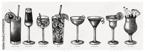Hand-sketched cocktail illustrations set. Vector sketch of alcoholic drinks in an elegant glasses. Popular alcohol cocktails hand-drawing for bar or restaurant menu isolated on white