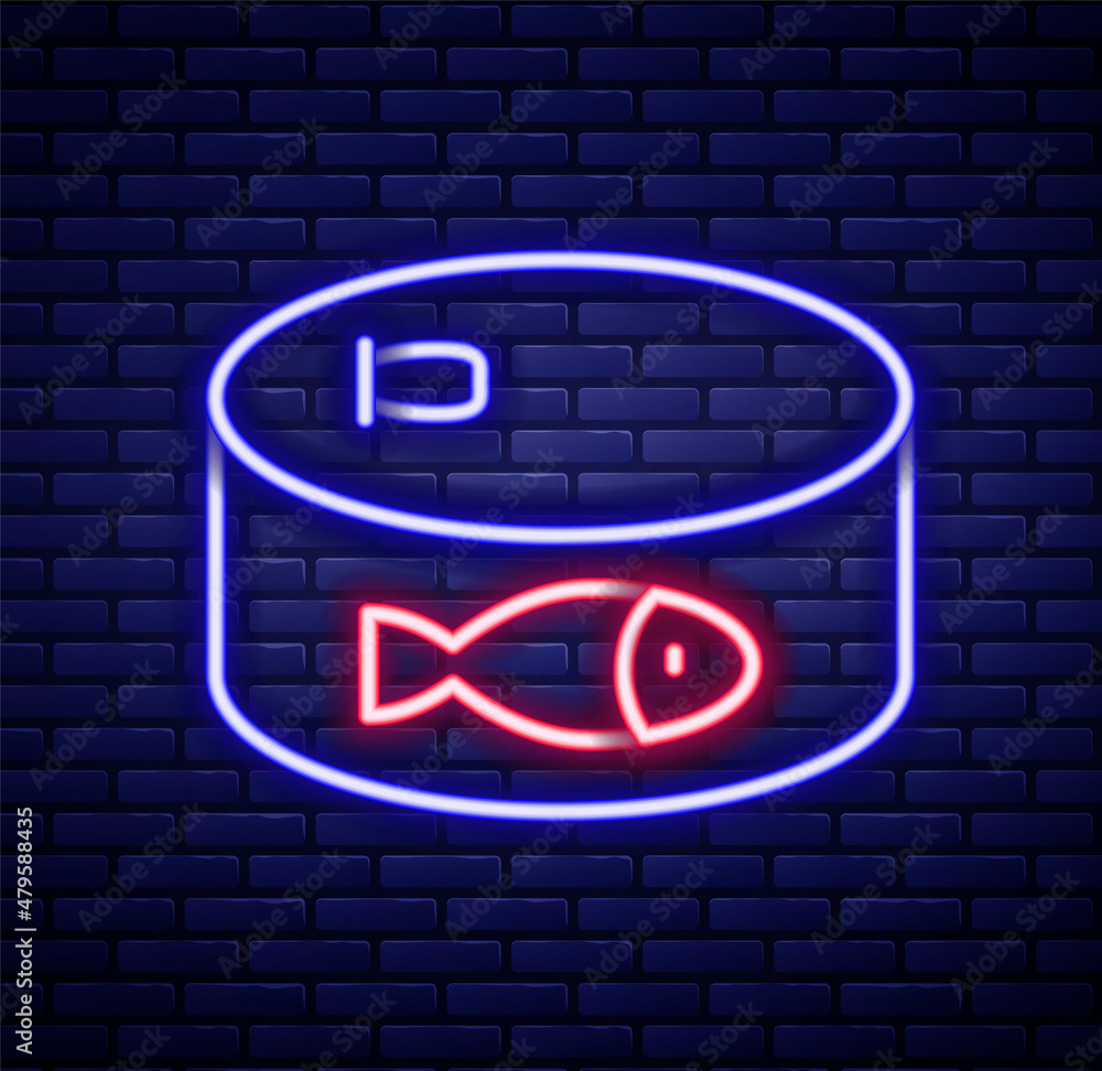 Obraz premium Glowing neon line Canned fish icon isolated on brick wall background. Colorful outline concept. Vector