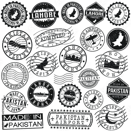 Lahore, Punjab, Pakistan Set of Stamps. Travel Stamp. Made In Product. Design Seals Old Style Insignia.