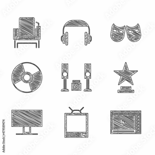 Set Home stereo with two speakers, Retro tv, Online play video, Movie trophy, Smart Tv, CD or DVD disk, Comedy and tragedy masks and Cinema chair icon. Vector