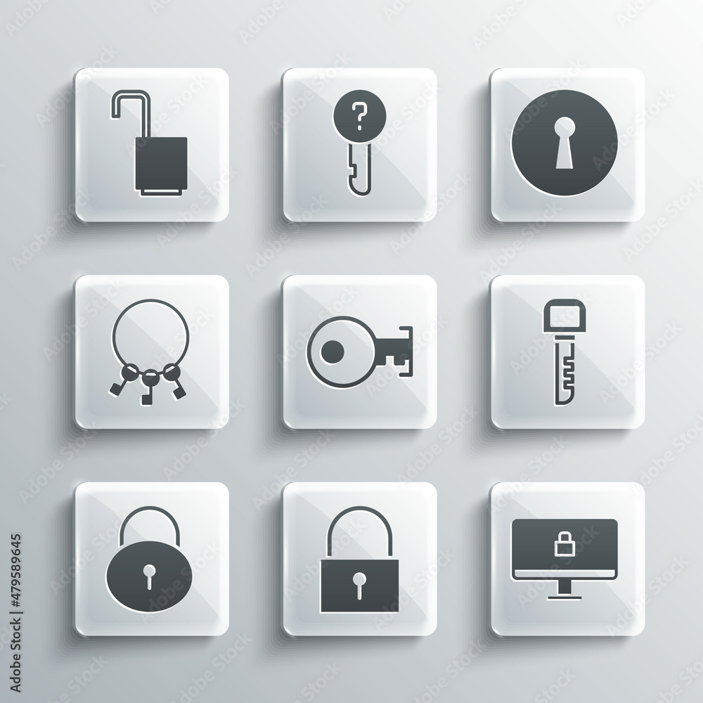 Set Lock, on computer monitor, Key, Bunch of keys, Open padlock and Keyhole icon. Vector Set Lock, on computer monitor, Key, Bunch of keys, Open padlock and Keyhole icon. Vector