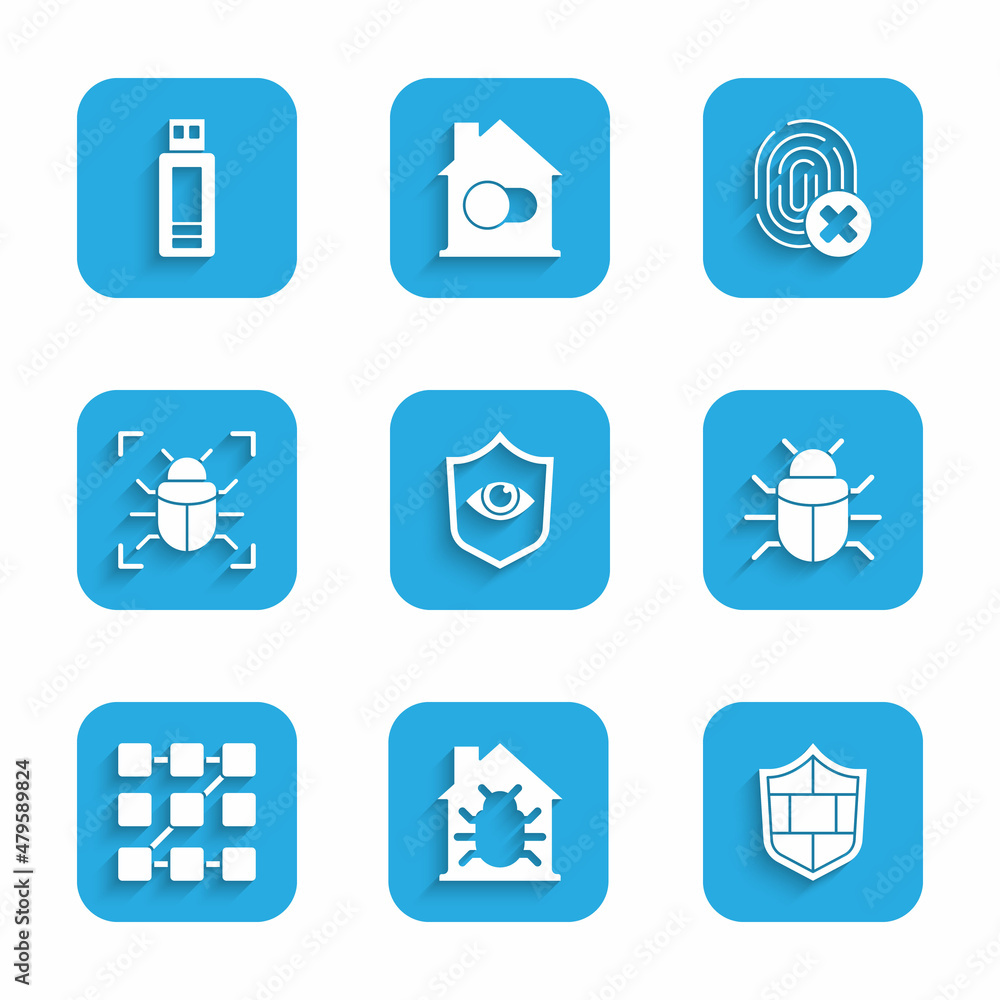 Set Shield and eye, House system bug, with brick wall, System, Graphic password protection, Cancelled fingerprint and USB flash drive icon. Vector Set Shield and eye, House system bug, with brick wall, System, Graphic password protection, Cancelled fingerprint and USB flash drive icon. Vector