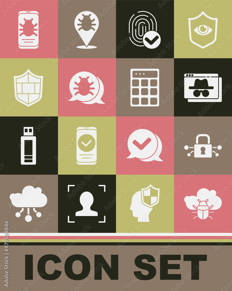 Set System bug on a cloud, Cyber security, Browser incognito window, Fingerprint, Shield with brick wall, mobile and Password protection icon. Vector Set System bug on a cloud, Cyber security, Browser incognito window, Fingerprint, Shield with brick wall, mobile and Password protection icon. Vector