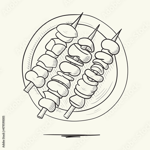 Plate with kebabs. Hand drawn vector illustration.