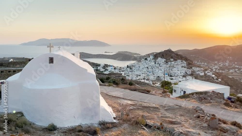 Ios Greece, sunrise or sunset on the Cycladic island, panoramic view from the church to the old town of Chora