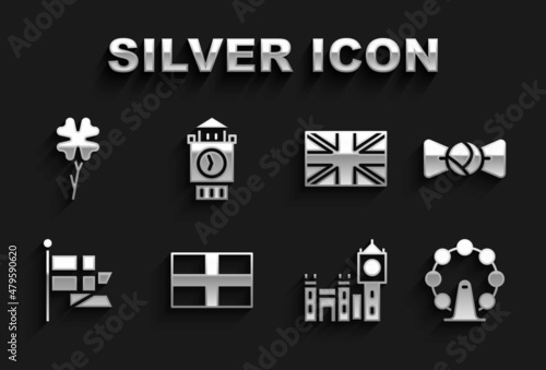 Set Flag of England, Bow tie, London eye, Big Ben tower, flag flagpole, Great Britain, Four leaf clover and icon. Vector