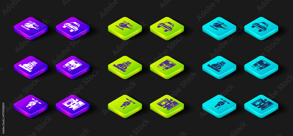 Set Scooter, Broken road, Cargo ship, Bus, Police car and flasher and Helicopter icon. Vector Set Scooter, Broken road, Cargo ship, Bus, Police car and flasher and Helicopter icon. Vector