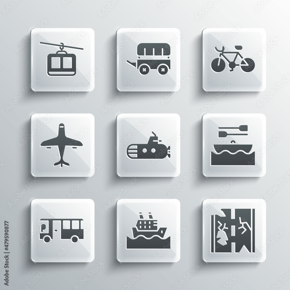 Set Cruise ship, Broken road, Boat with oars, Submarine, Bus, Plane, Cable car and Bicycle icon. Vector