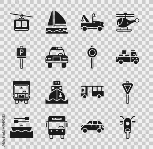 Set Scooter, Road traffic signpost, Delivery truck, Tow, Police car and flasher, Parking, Cable and icon. Vector