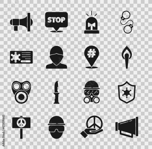 Set Megaphone, Police badge, Torch flame, Flasher siren, Vandal, and Protest icon. Vector