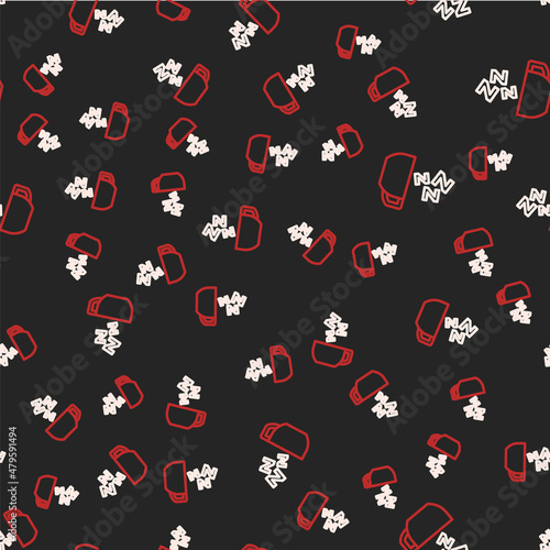 Line Chamomile tea icon isolated seamless pattern on black background. A useful therapeutic drink from flowers of chamomile medicinal. Vector