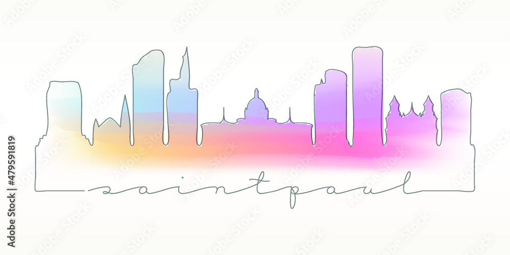 St Paul, MN, USA Skyline Watercolor City Illustration. Famous Buildings Silhouette Hand Drawn Doodle Art. Vector Landmark Sketch Drawing.