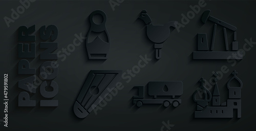 Photo Set Tanker truck, Oil pump or pump jack, Kankles, Saint Basil's Cathedral, Cockerel lollipop and Russian doll matryoshka icon