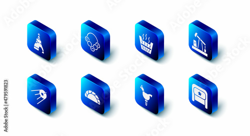 Set Russian bagels, Sauna bucket, Oil pump or pump jack, Ushanka, Cockerel lollipop, Dumpling, Satellite and The Tsar bell icon. Vector