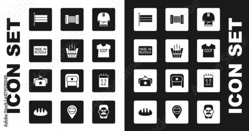 Set Kosovorotka, Sauna bucket, Made in Russia, National flag, USSR t-shirt, Accordion, Calendar 12 june and Ushanka icon. Vector