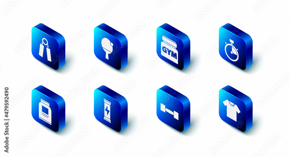 Set Racket and ball, Sports nutrition, Stopwatch, T-shirt, Dumbbell, and expander icon. Vector Set Racket and ball, Sports nutrition, Stopwatch, T-shirt, Dumbbell, and expander icon. Vector