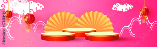 Podium round stage podium and paper art Chinese new year, happy festival chinese tradition podium for beauty branding cosmetic or any product.Concept Shopping .