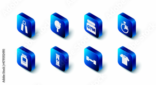 Set Racket and ball, Sports nutrition, Stopwatch, T-shirt, Dumbbell, and expander icon. Vector