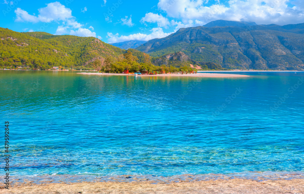 Panoramic view of amazing Oludeniz Beach And Blue Lagoon, Oludeniz beach is best beaches in Turkey - Fethiye, Turkey