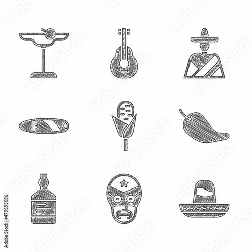 Set Corn, Mexican wrestler, sombrero, Hot chili pepper pod, Tequila bottle, Cigar, man and Margarita cocktail icon. Vector
