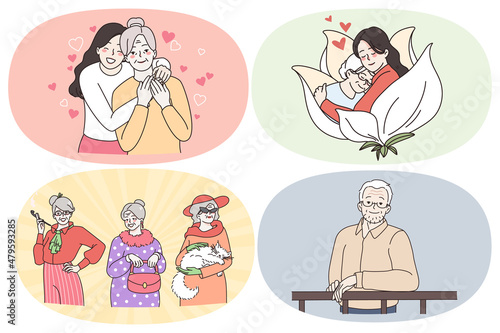 Happy grandparents getting care concept. Set of positive smiling mature people grandparents hugging grandkids feeling support and love wearing fashionable clothes vector illustration