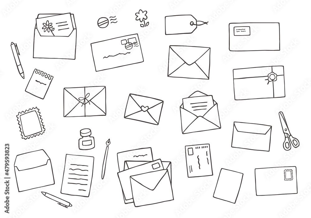 手紙や封筒の手描きイラストセット モノクロ Stock Vector Adobe Stock
