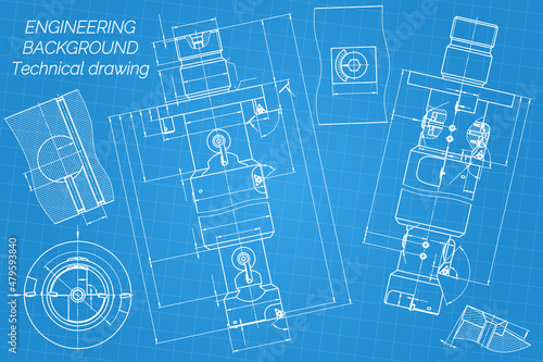 Mechanical engineering drawings on blue background. Tap tools, borer. Technical Design. Cover. Blueprint. Vector illustration.