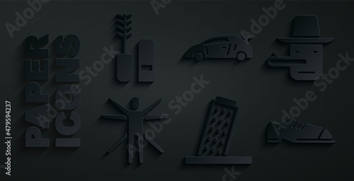 Set Tower in Pisa, Pinocchio, Vitruvian Man, Men shoes, Sport racing car and Mascara brush icon. Vector