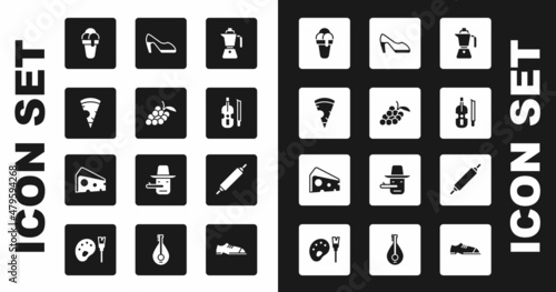 Set Coffee moca pot, Grape fruit, Slice pizza, Ice cream, Violin, Woman shoe, Rolling pin and Cheese icon. Vector