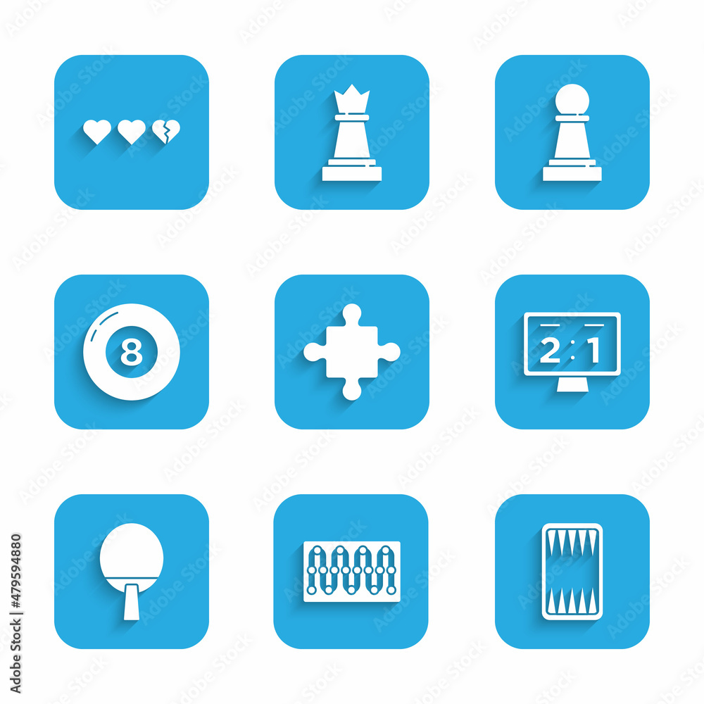 Set Puzzle pieces toy, Board game, Backgammon board, Sport mechanical scoreboard, Racket, Billiard pool snooker ball, Chess and Hearts for icon. Vector Set Puzzle pieces toy, Board game, Backgammon board, Sport mechanical scoreboard, Racket, Billiard pool snooker ball, Chess and Hearts for icon. Vector